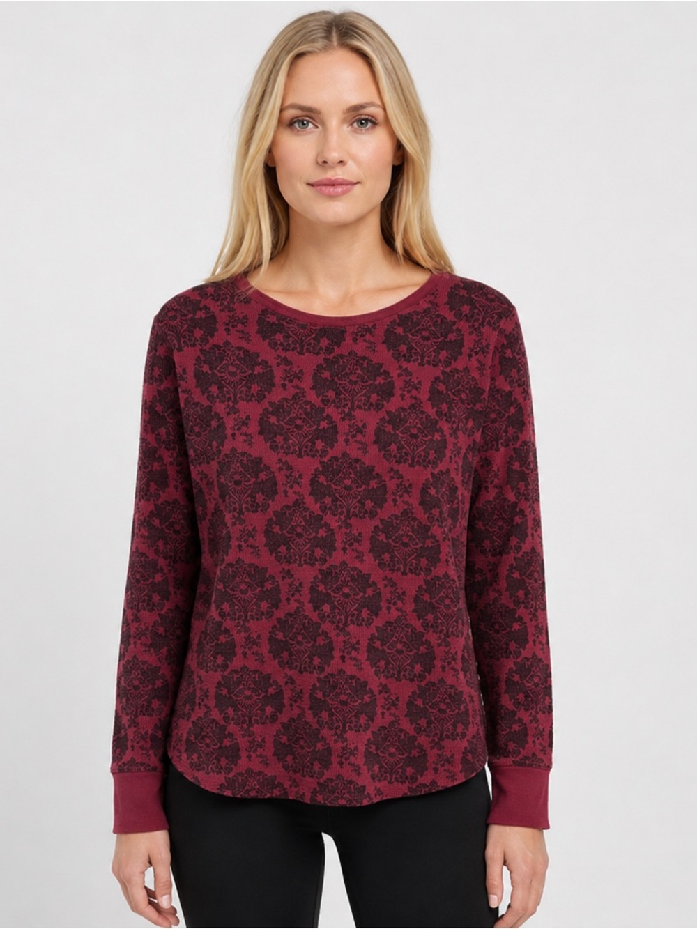 Eddie Bauer Floral Damask Pattern Waffle Knit Crewneck Shirt Burgundy Size Large